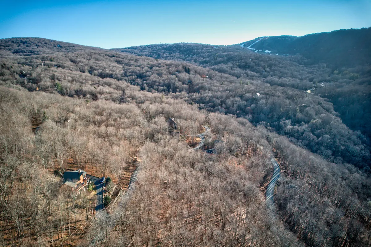 The cabin nestled in a tranquil wooded landscape, with a meandering road and panoramic mountain views in the distance. The changing foliage hints at the area's beauty through all seasons, from vibrant autumns to lush summers and snowy winters.